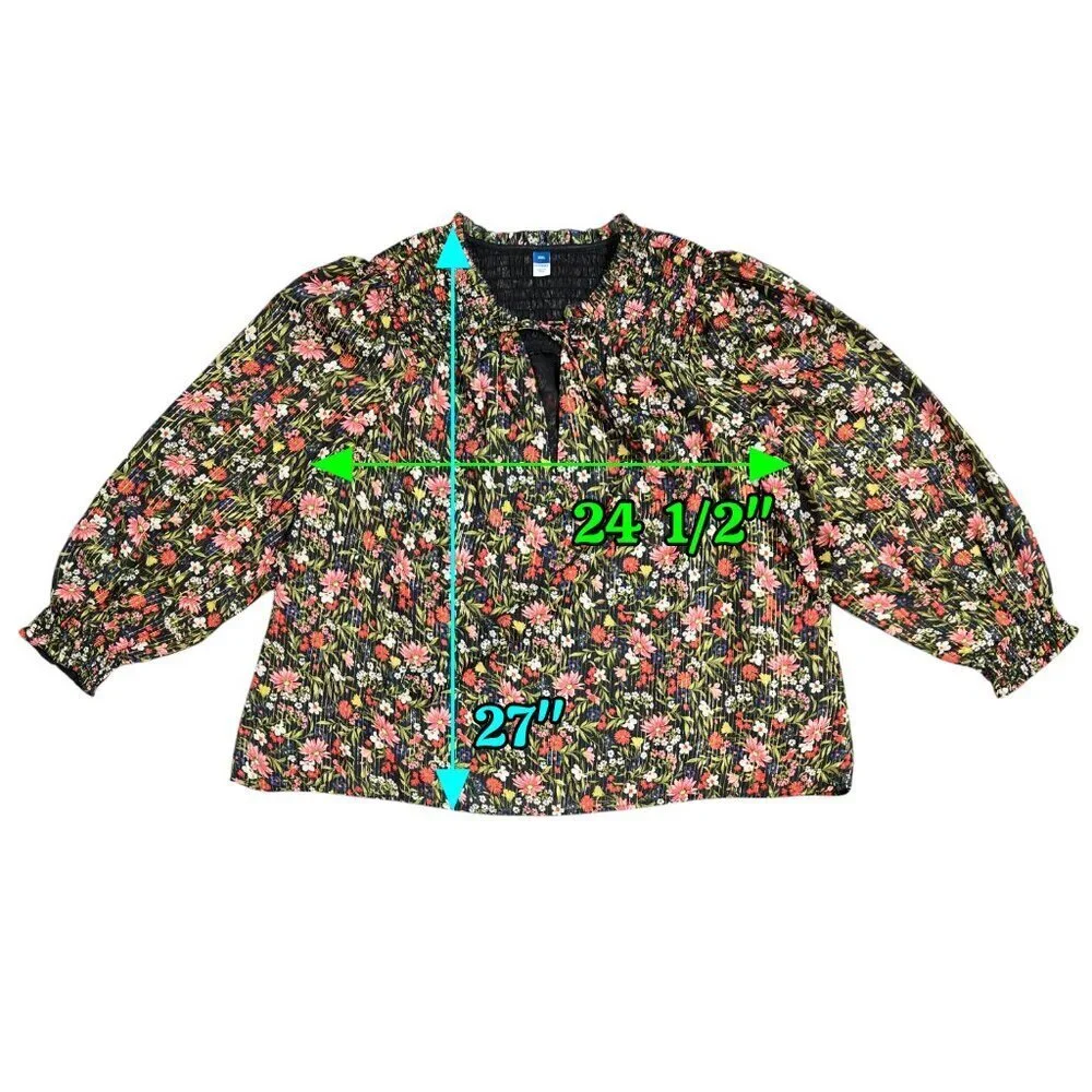 Old Navy Smocked Dark Floral Shine Blouse Chiffon Shimmering Ditsy Romantic